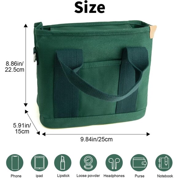 Women's Dark Green Canvas Tote Bag With Multi Pockets Shoulder Bags With Zipper - Picture 2 of 6